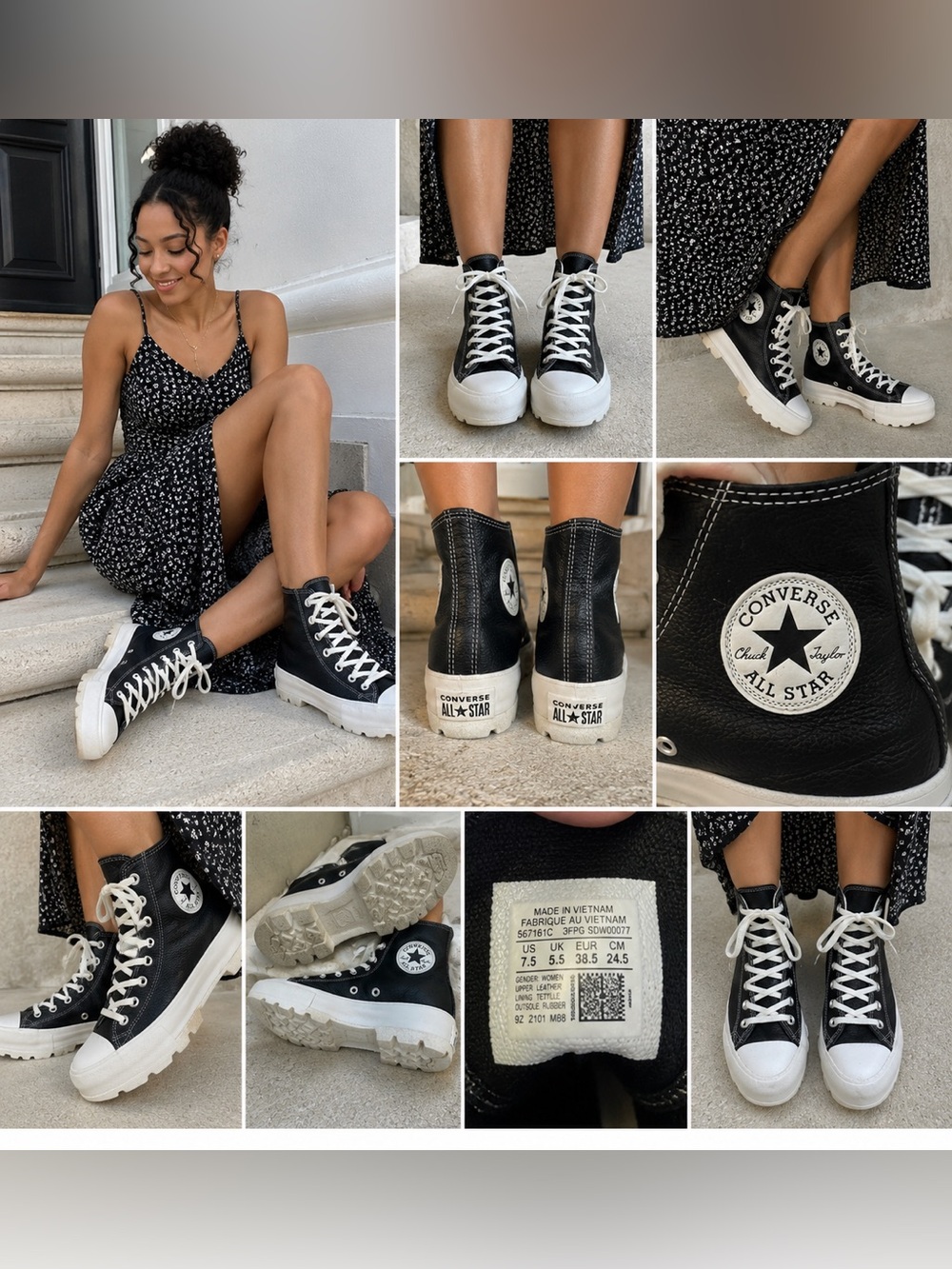 Converse Black Leather Platform Lug Sole High Top Sneakers Y2K